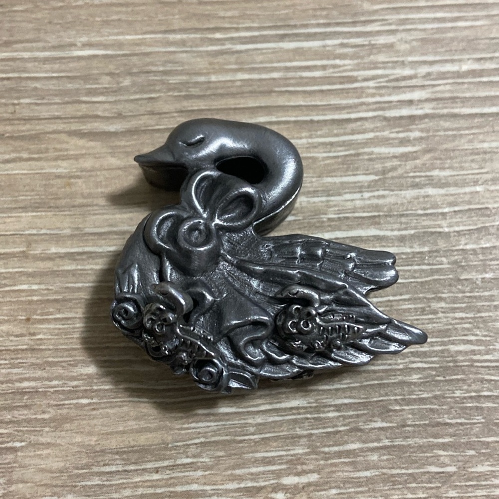 Vintage Torino Pewter Swan Jewelry Necklace Brooch Earrings Trinket Box Set